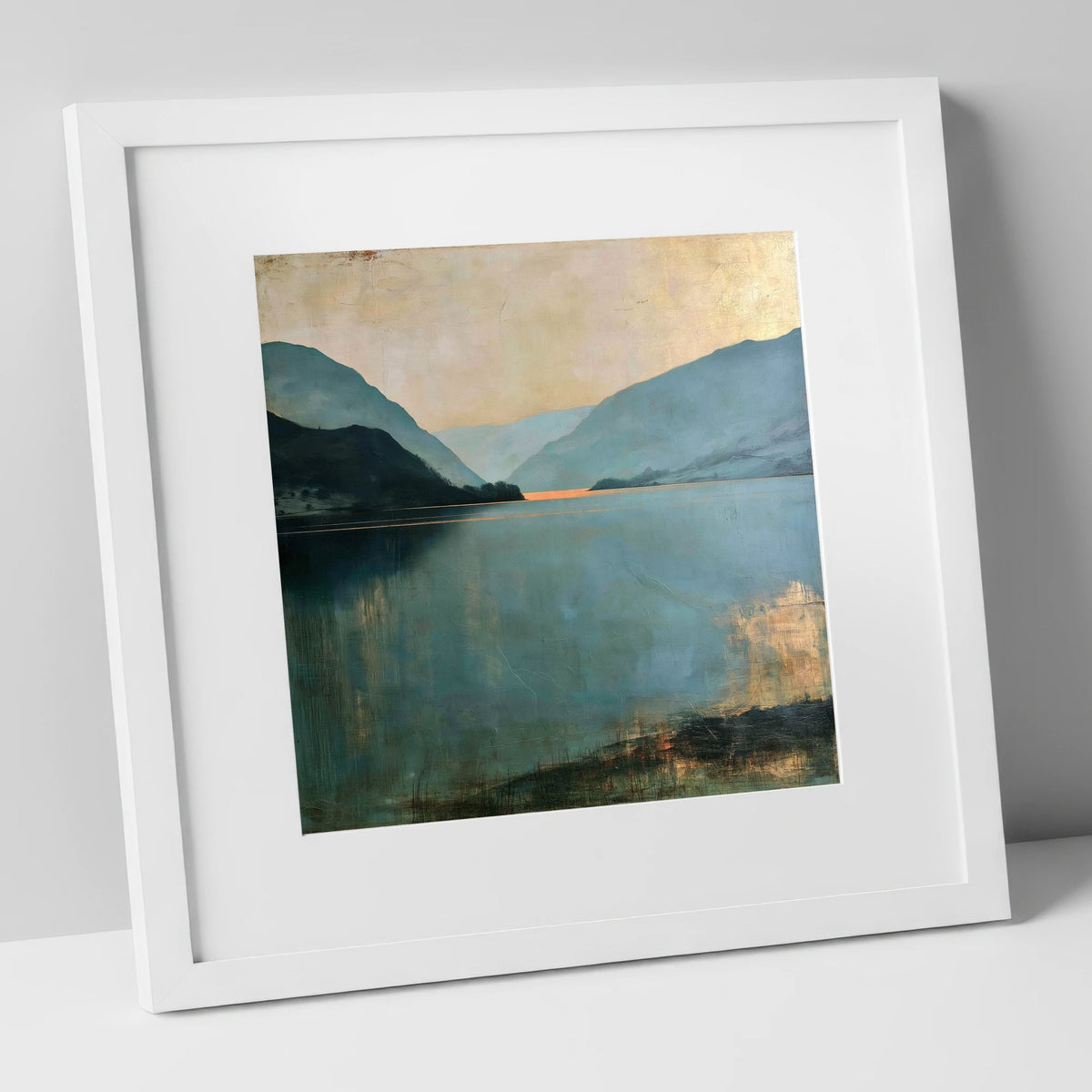 Ullswater Fells in Teal and Gold lake district lake art print in white frame