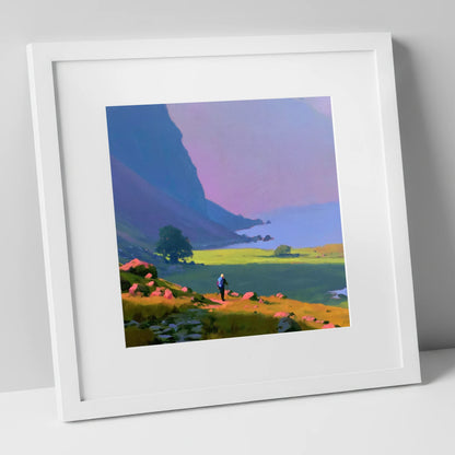 Lone Hiker Beneath Indigo Fells lake district walking art print in white frame