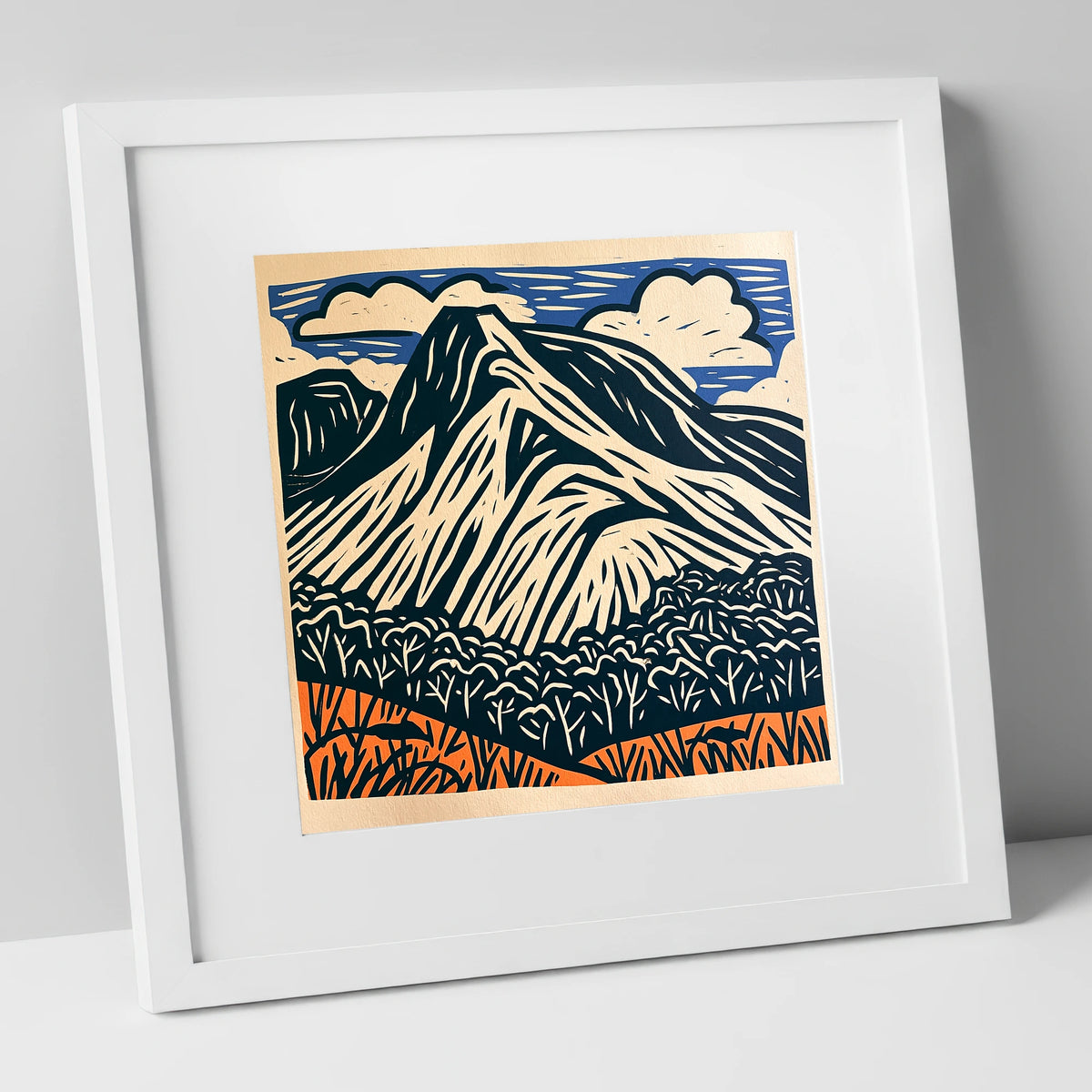 Bowfell Peak in Deep Navy lake district fell art print in white frame