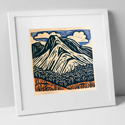 Bowfell Peak in Deep Navy lake district fell art print in white frame