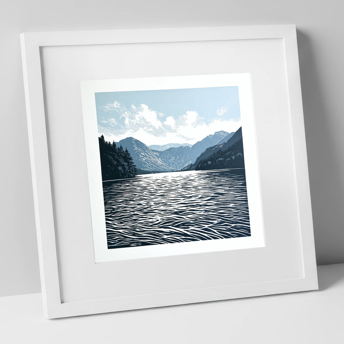 Crummock Water in Deep Navy lake district lake art print in white frame