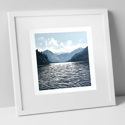 Crummock Water in Deep Navy lake district lake art print in white frame