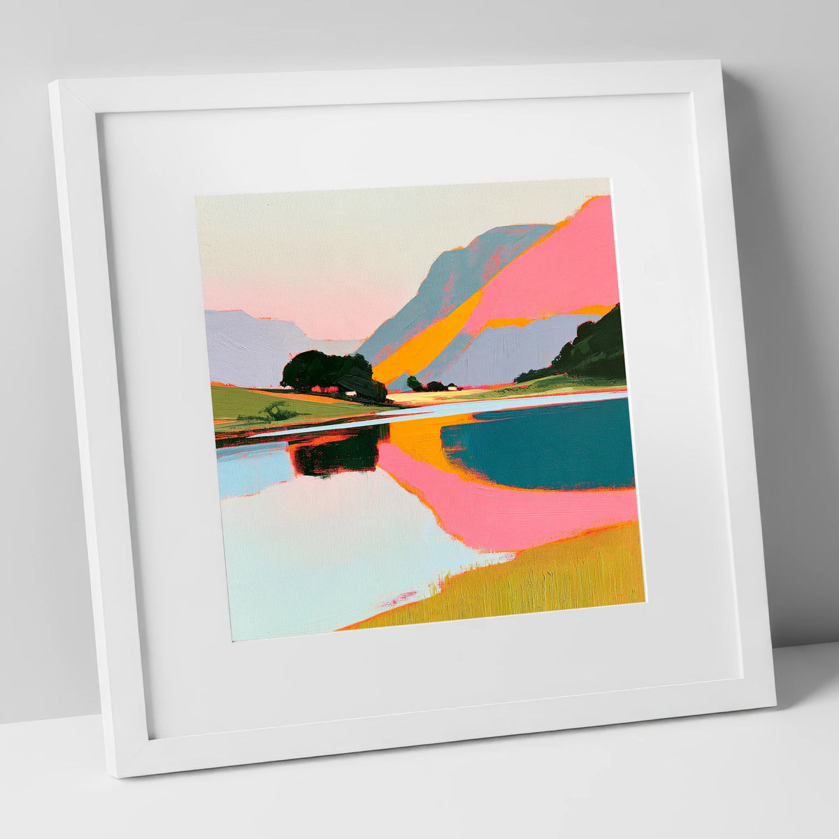 Vibrant Pink Lake At Dawn lake district lake art print in white frame