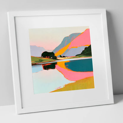 Vibrant Pink Lake At Dawn lake district lake art print in white frame