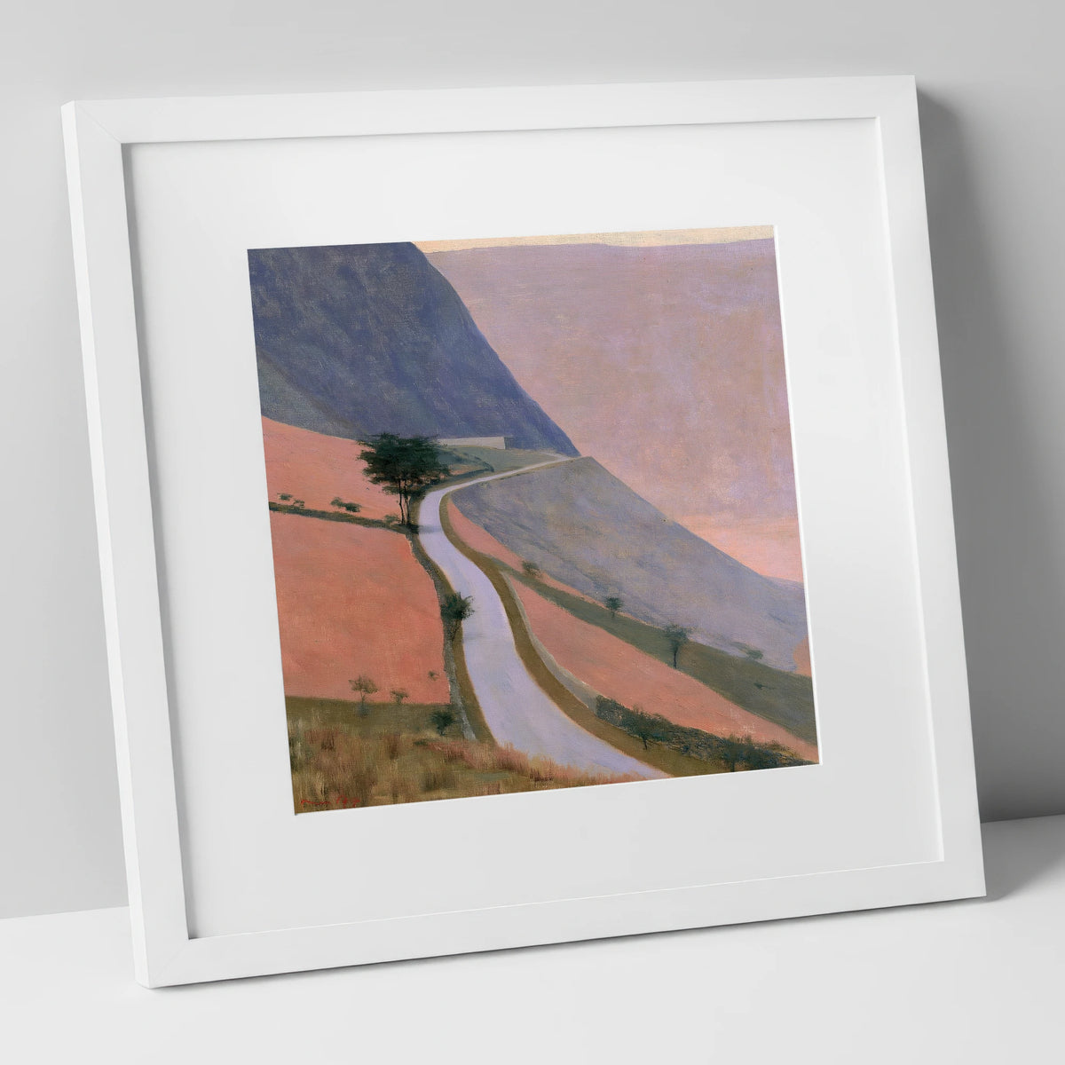 Winding Mountain Pass in Dusk Pink lake district valley art print in white frame
