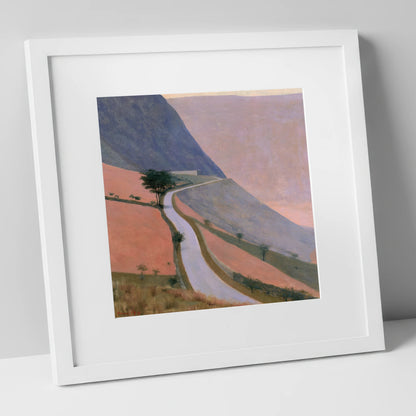Winding Mountain Pass in Dusk Pink lake district valley art print in white frame