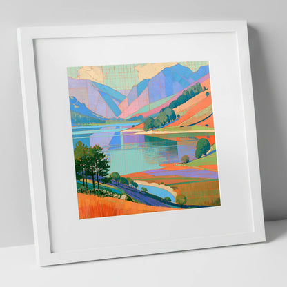 Vibrant Fells Over Turquoise Lake lake district lake art print in white frame