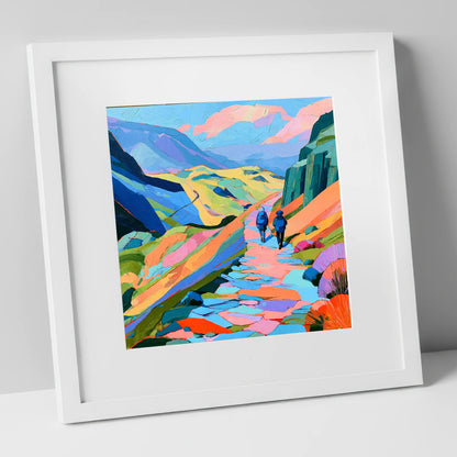 Walkers on a Vibrant Fell Path lake district walking art print in white frame