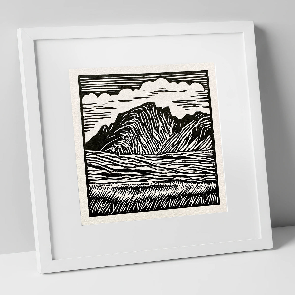 Scafell Pike in Bold Monochrome lake district fell art print in white frame