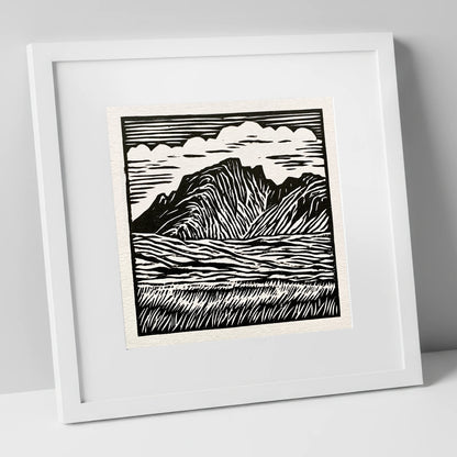 Scafell Pike in Bold Monochrome lake district fell art print in white frame