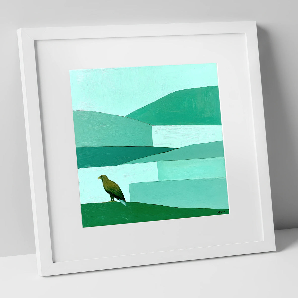 Golden Eagle Over Teal Fells lake district wildlife art print in white frame