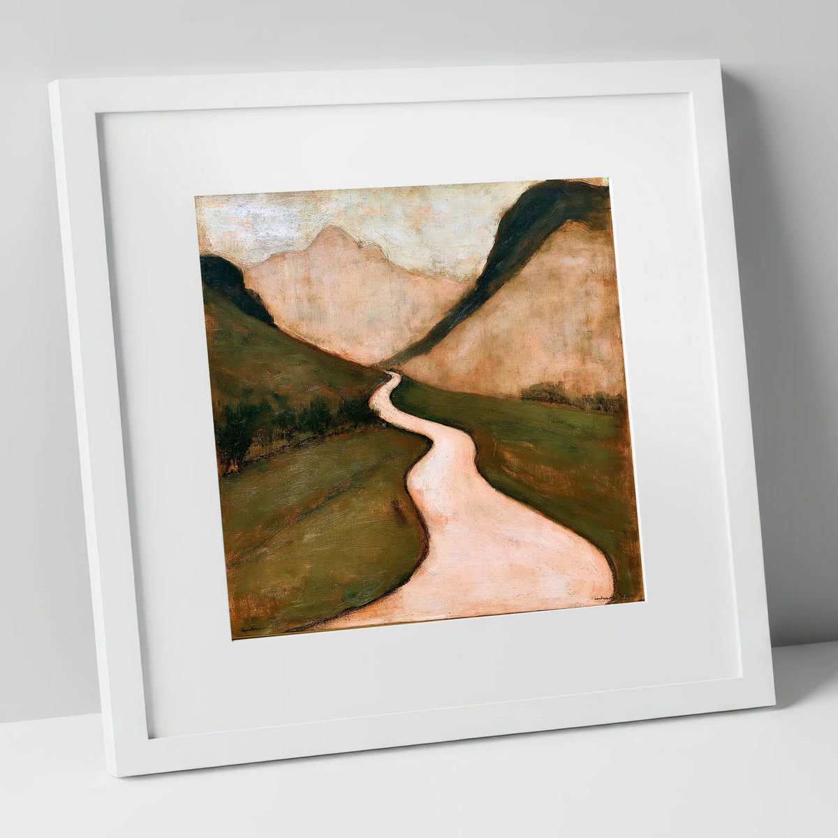 Winding Mountain Pass in Warm Tones lake district valley art print in white frame