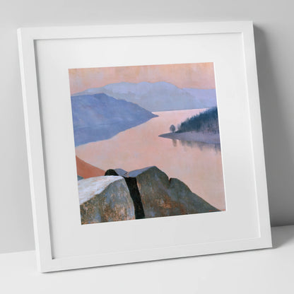 Ullswater in Soft Peach Light lake district lake art print in white frame