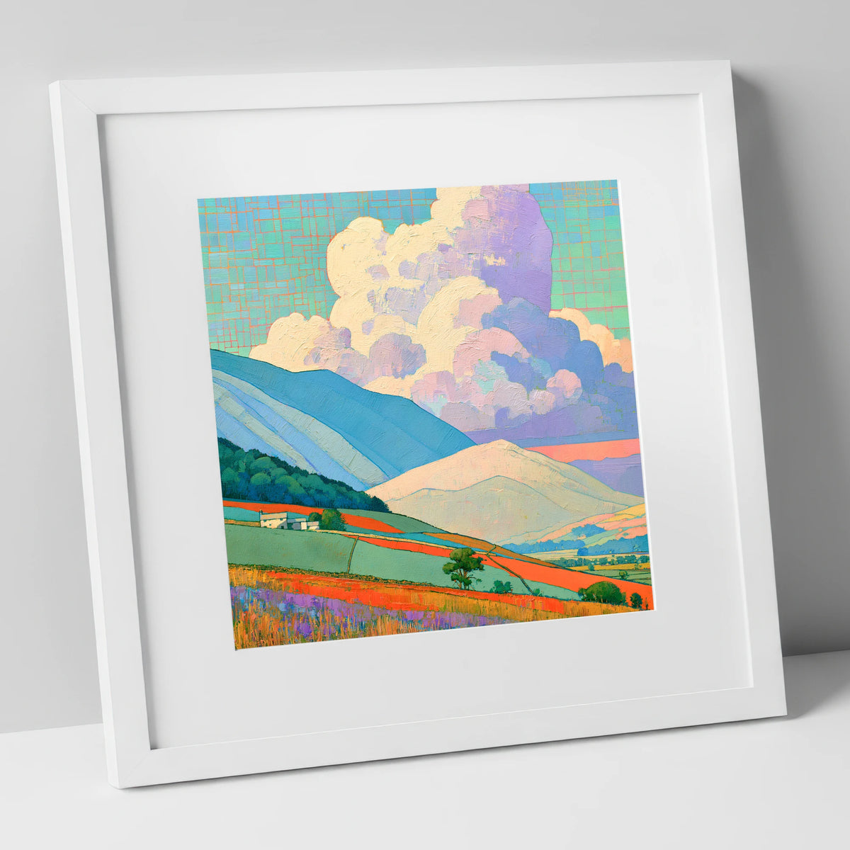 Vibrant Storm Clouds Over Fells lake district sky art print in white frame