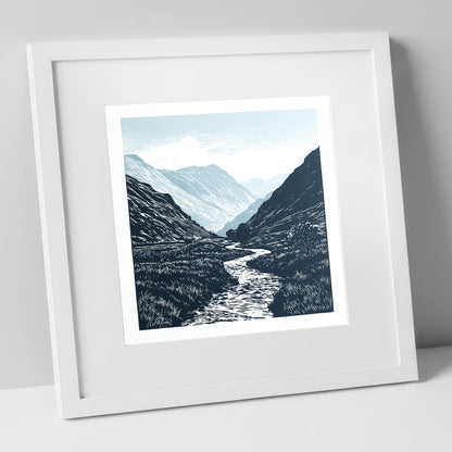 Kirkstone Pass in Deep Navy lake district valley art print in white frame