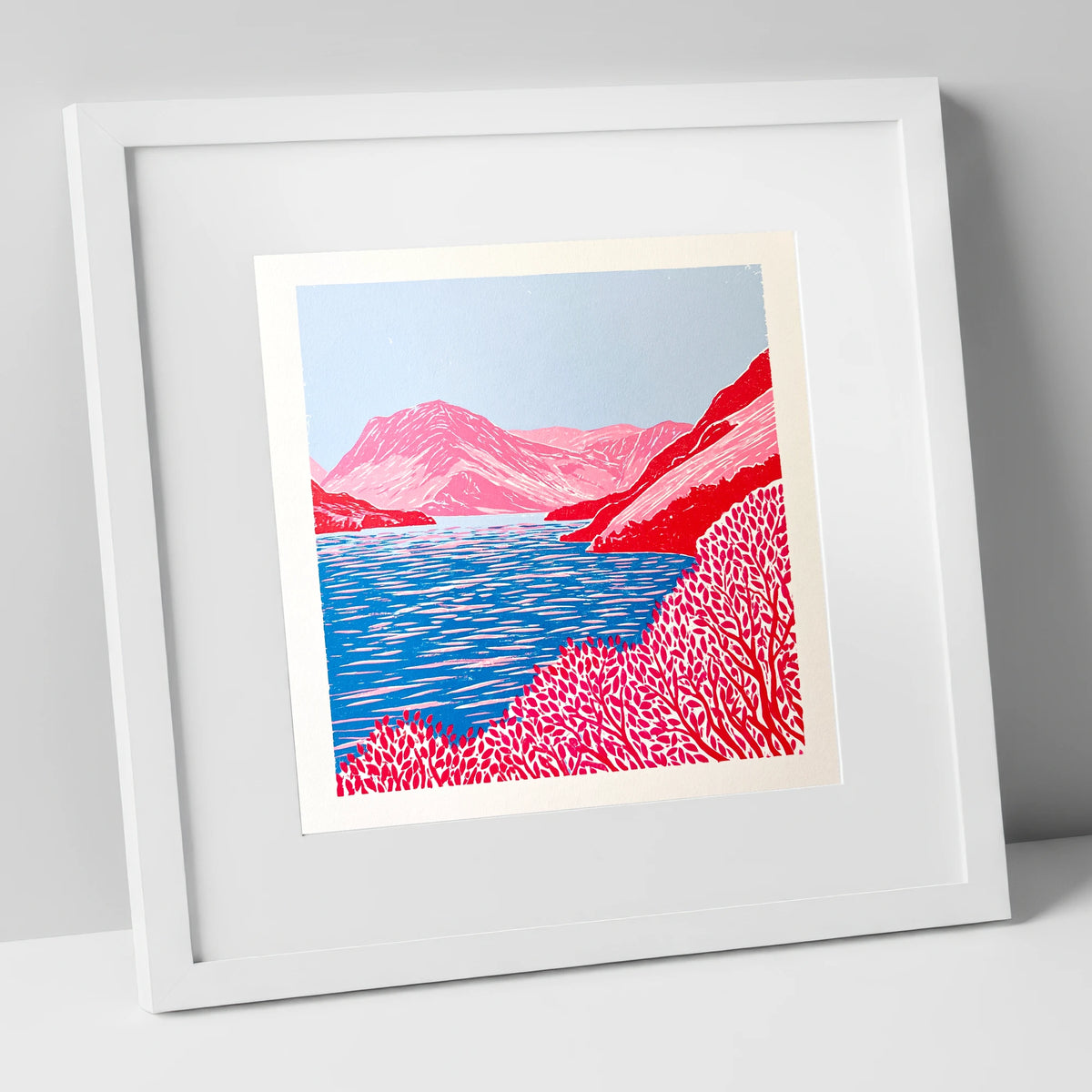 Vibrant Red Crummock Water lake district lake art print in white frame
