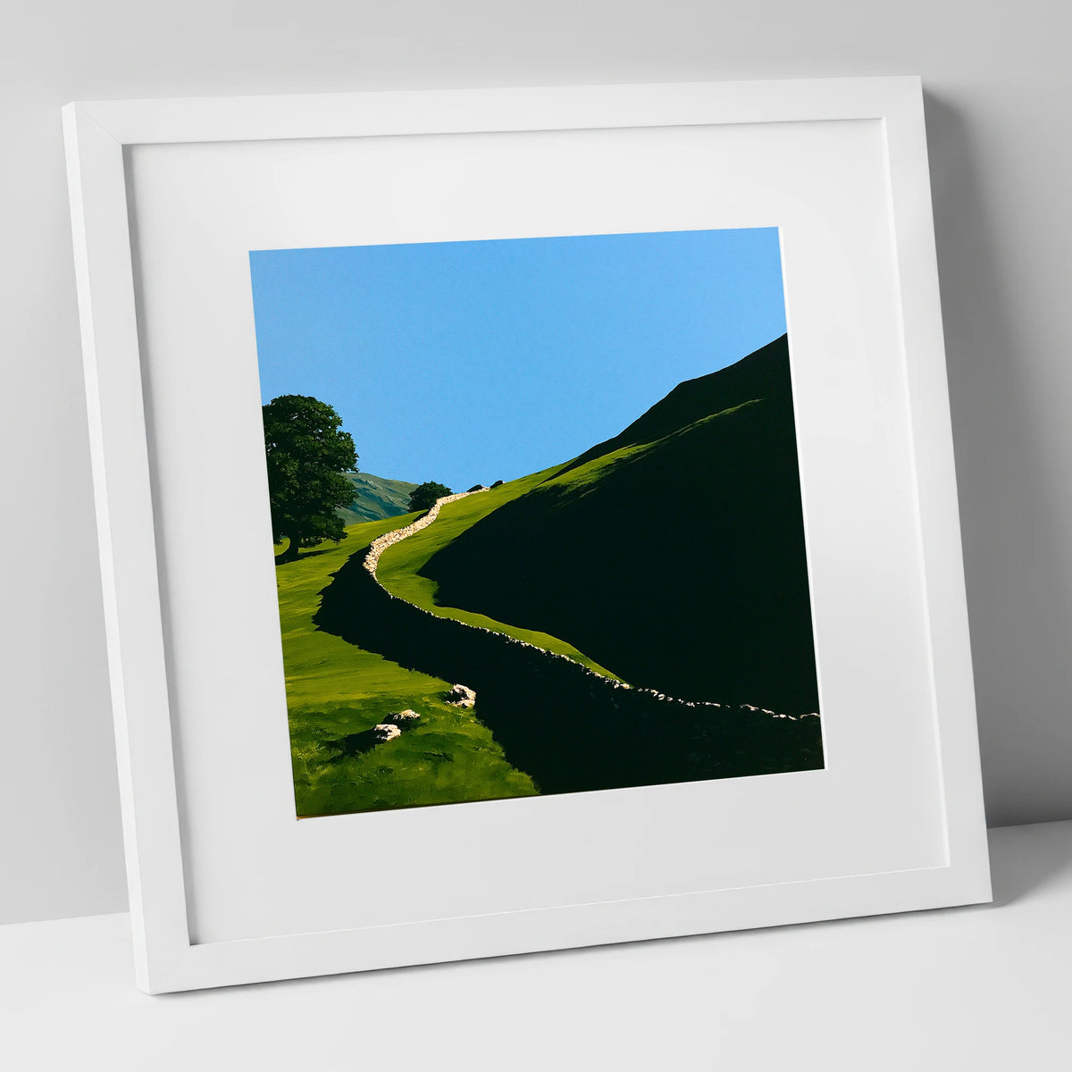 Shadowed Valley Drystone Wall lake district valley art print in white frame