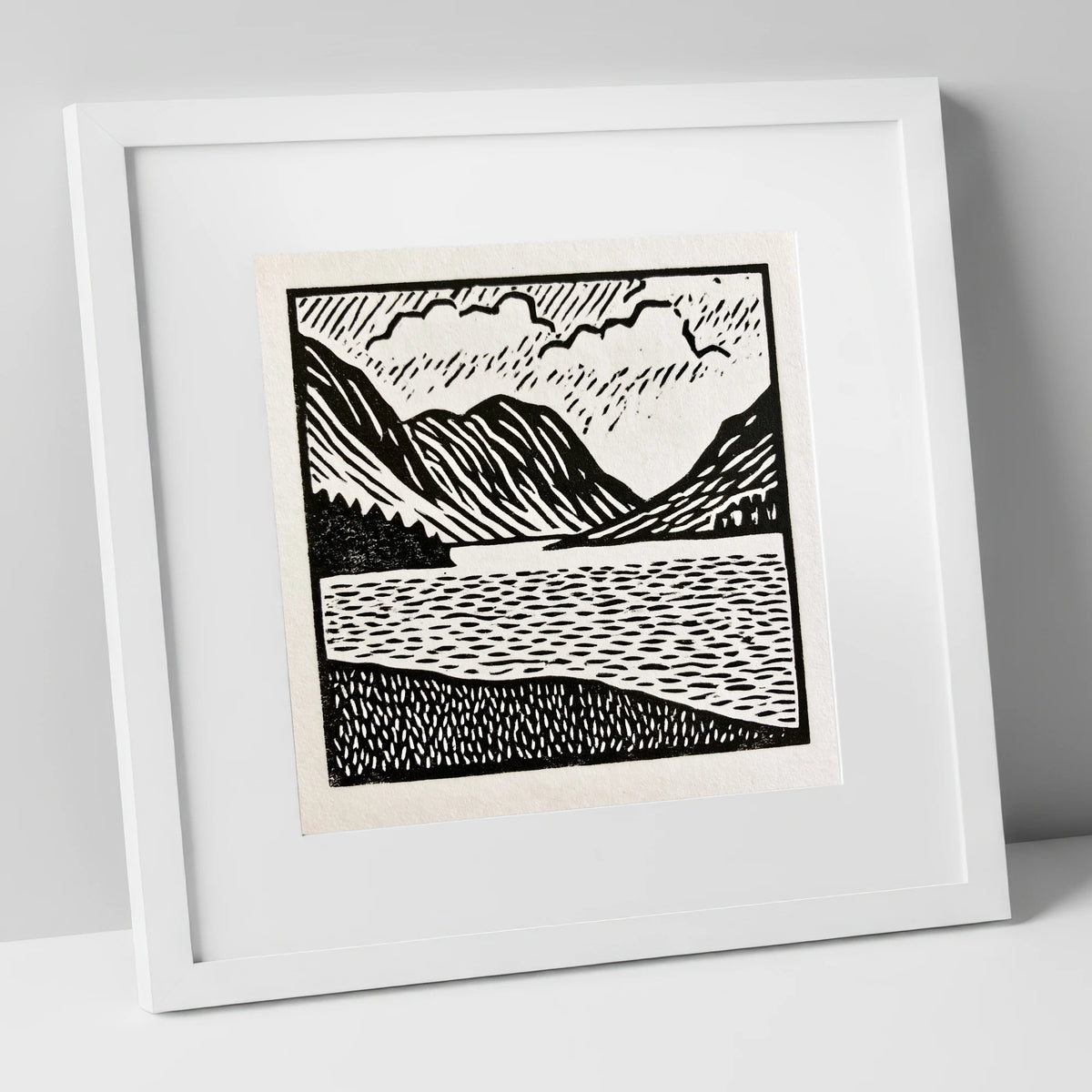 Monochrome Crummock Water Landscape lake district lake art print in white frame