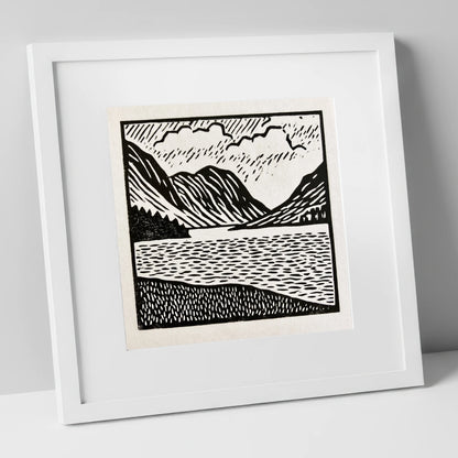 Monochrome Crummock Water Landscape lake district lake art print in white frame