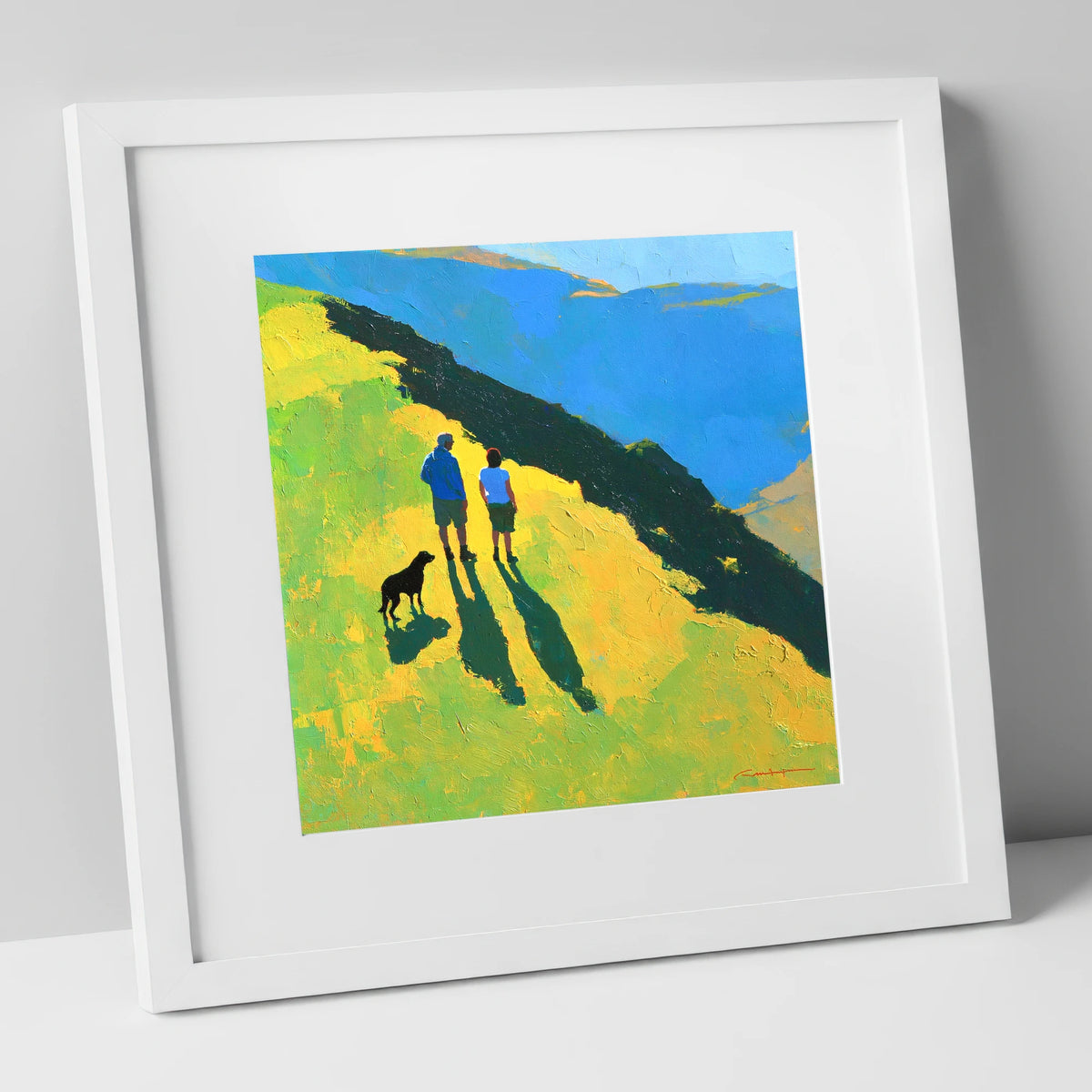 Sunlit Dog Walkers on Blencathra gifts for dog walkers art print in white frame