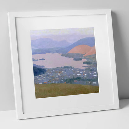 Keswick and Derwentwater Pastel Dusk lake district village art print in white frame