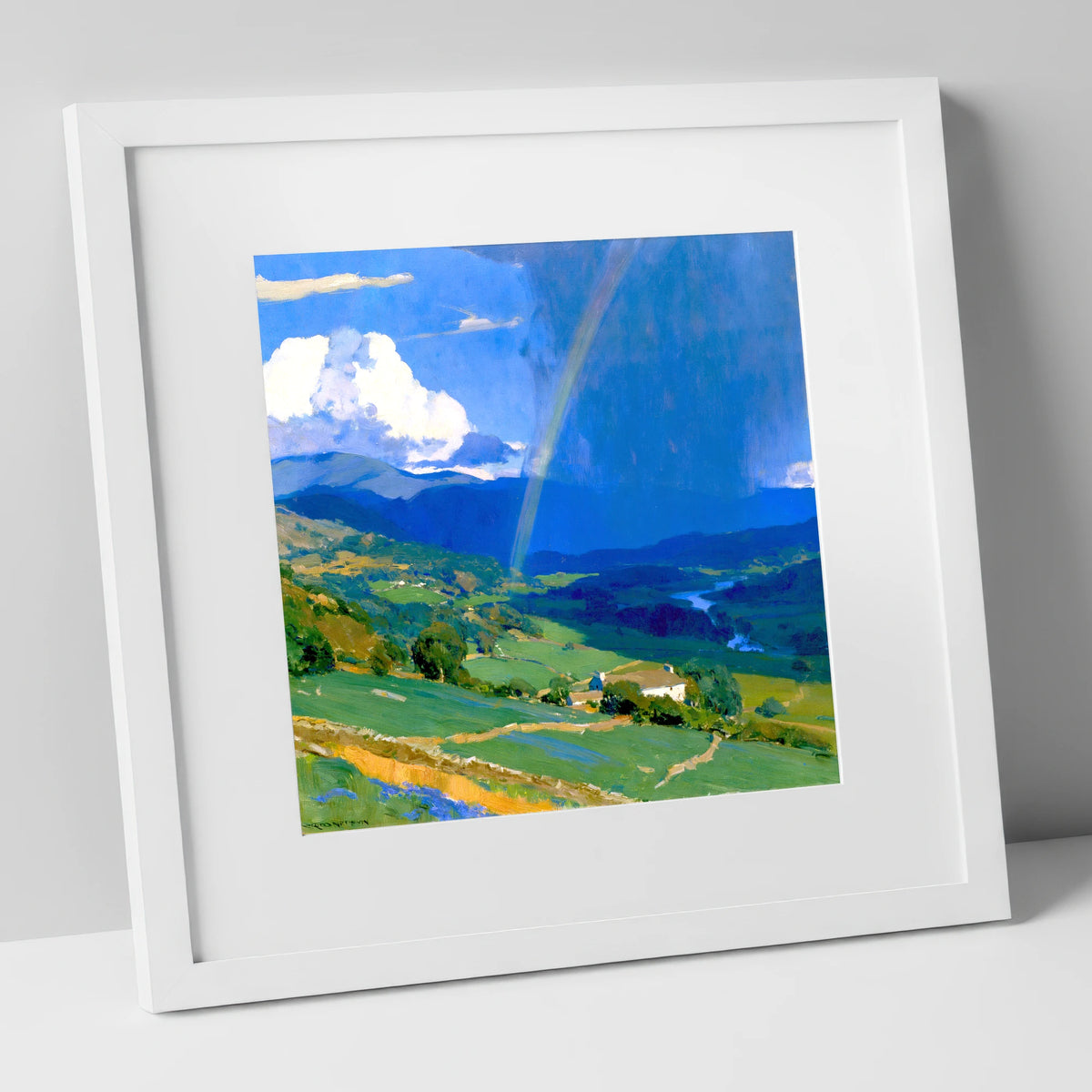 Passing Storm And Valley Rainbow lake district sky art print in white frame