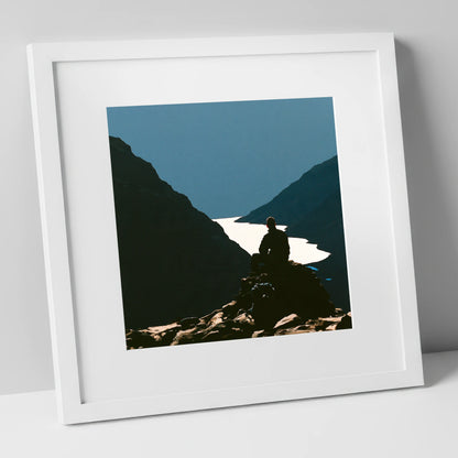 Walker Silhouette on Great Gable lake district fell art print in white frame