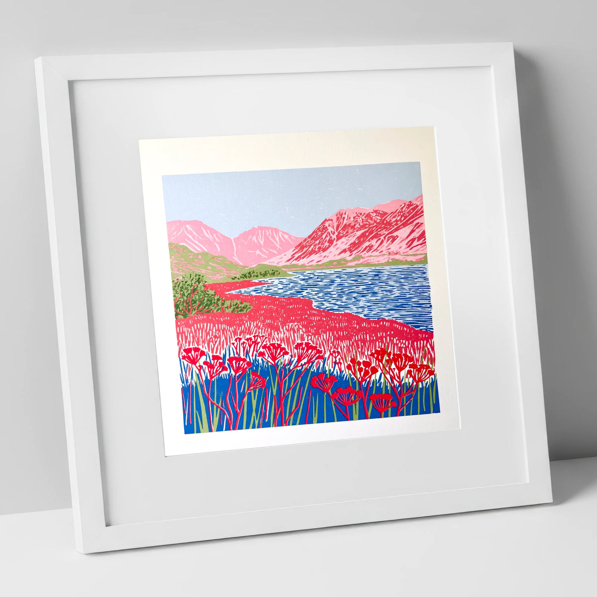 Vibrant Pink Fells at Ennerdale lake district valley art print in white frame