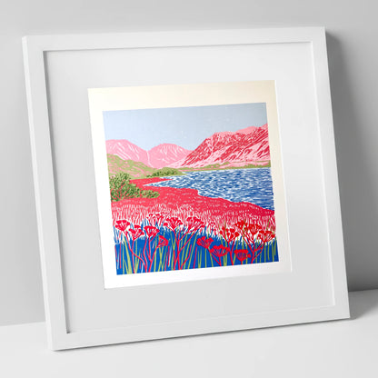 Vibrant Pink Fells at Ennerdale lake district valley art print in white frame