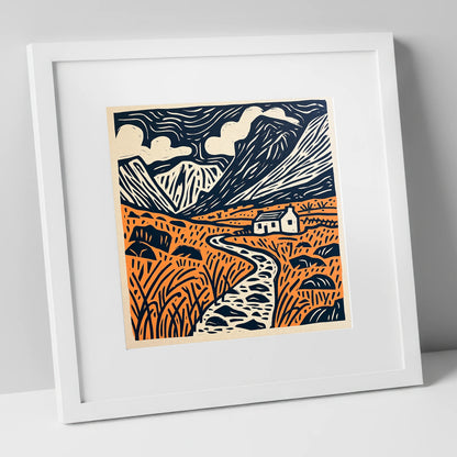 Eskdale Cottage and Navy Fells lake district valley art print in white frame