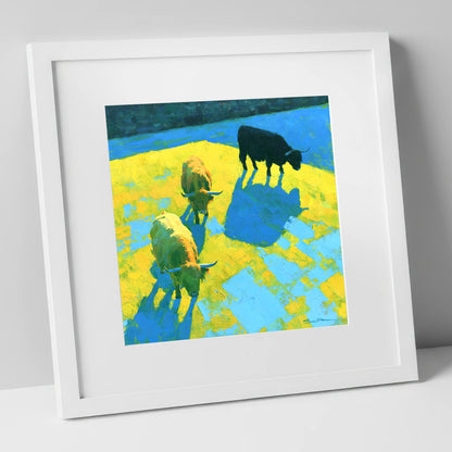 Vibrant Highland Cattle in Summer Light lake district wildlife art print in white frame