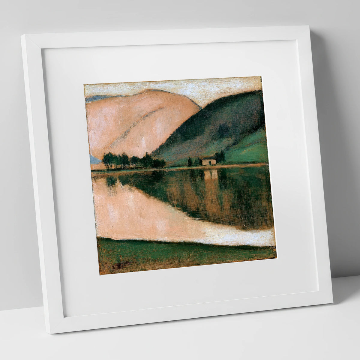 Calm Lake and Terracotta Fells lake district lake art print in white frame