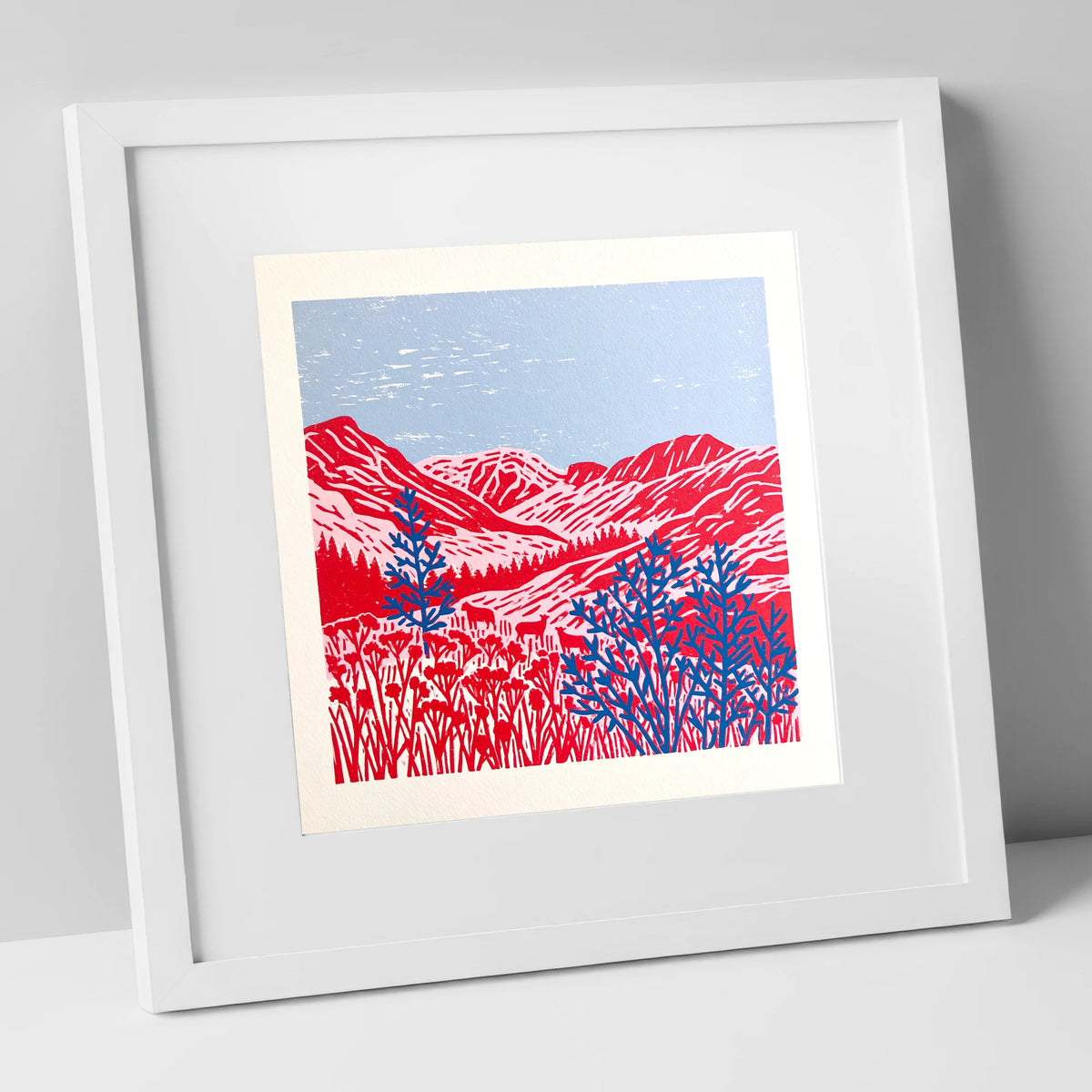 Vibrant Red Borrowdale Fells lake district valley art print in white frame