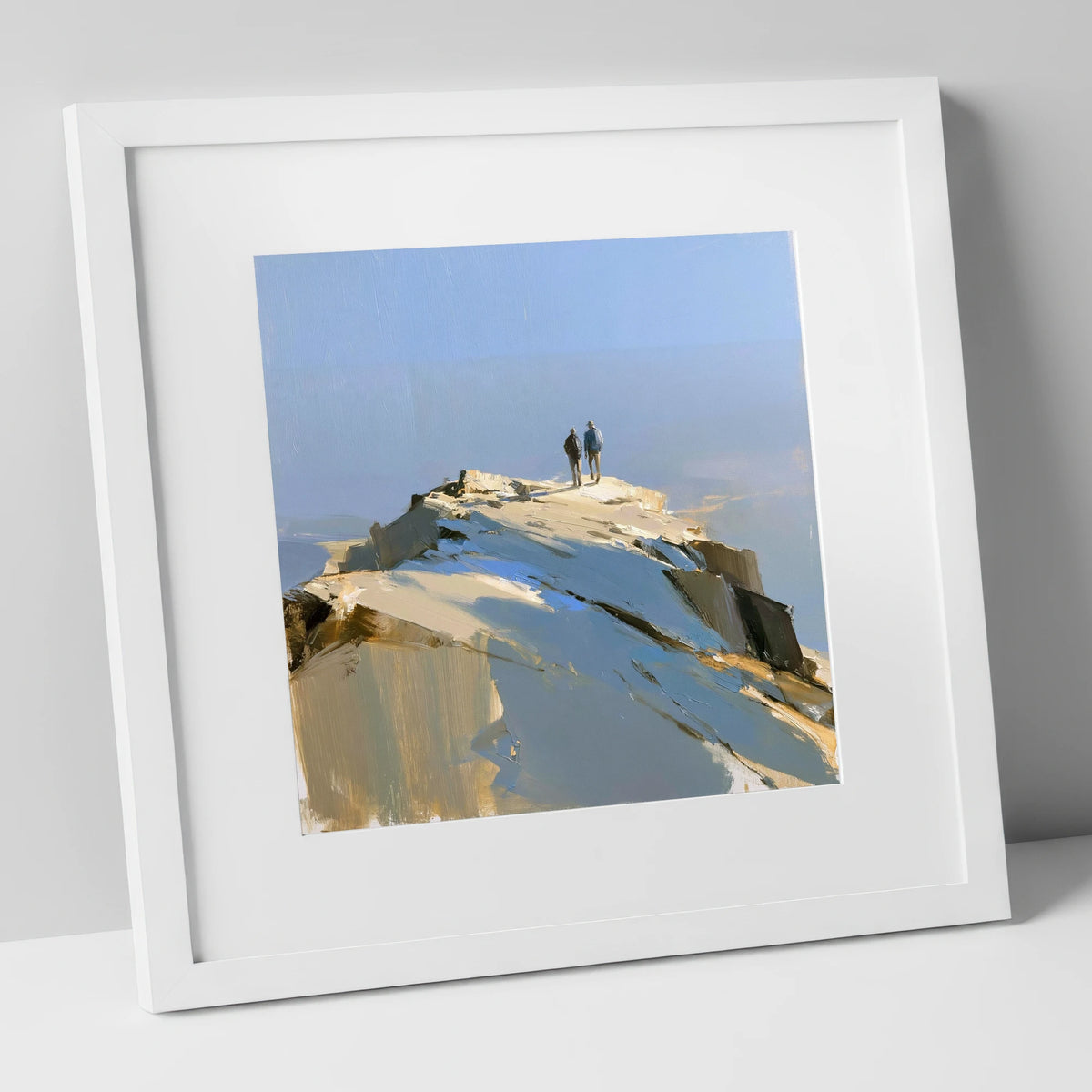 Hikers on the Sunlit Summit lake district fell art print in white frame
