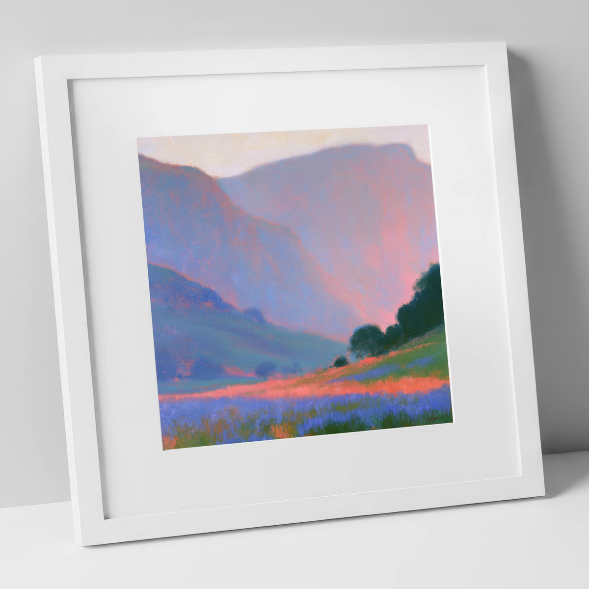 Pink Light Over Valley Fells lake district valley art print in white frame