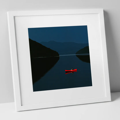 Red Kayak on Twilight Lake lake district walking art print in white frame