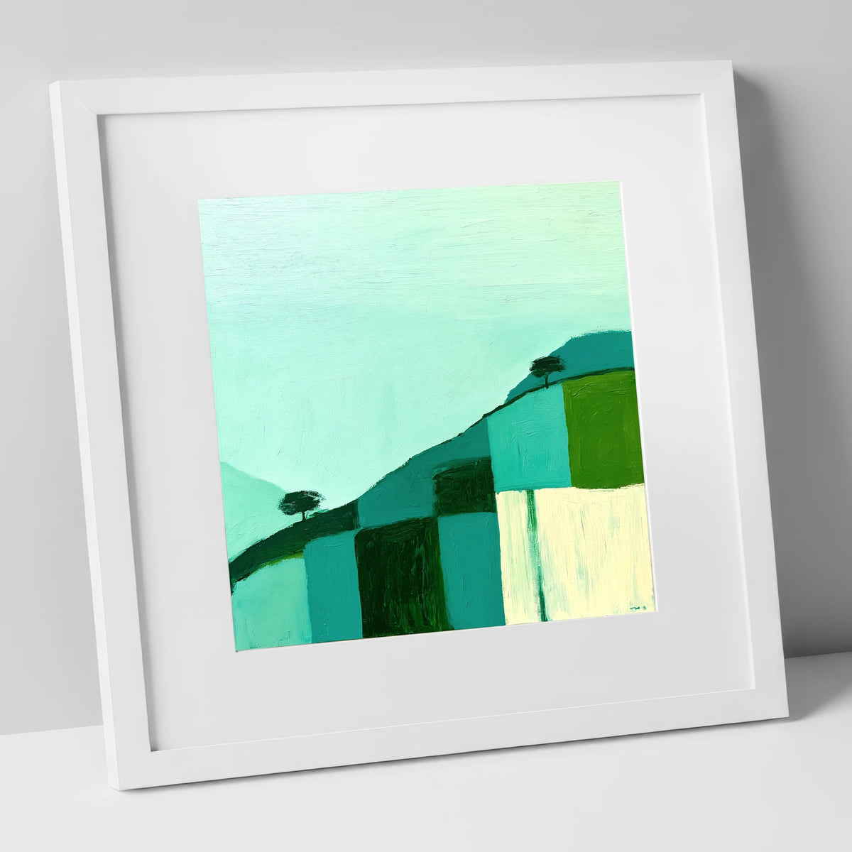 Misty Teal Mountain Ridge lake district fell art print in white frame