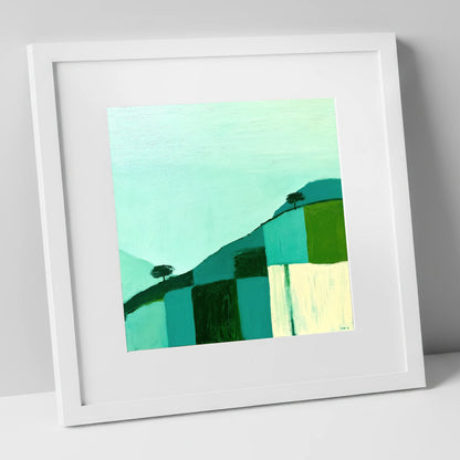 Misty Teal Mountain Ridge lake district fell art print in white frame