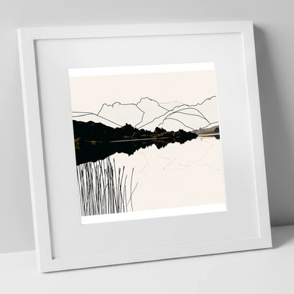 Elterwater Reeds in Black and Cream lake district lake art print in white frame