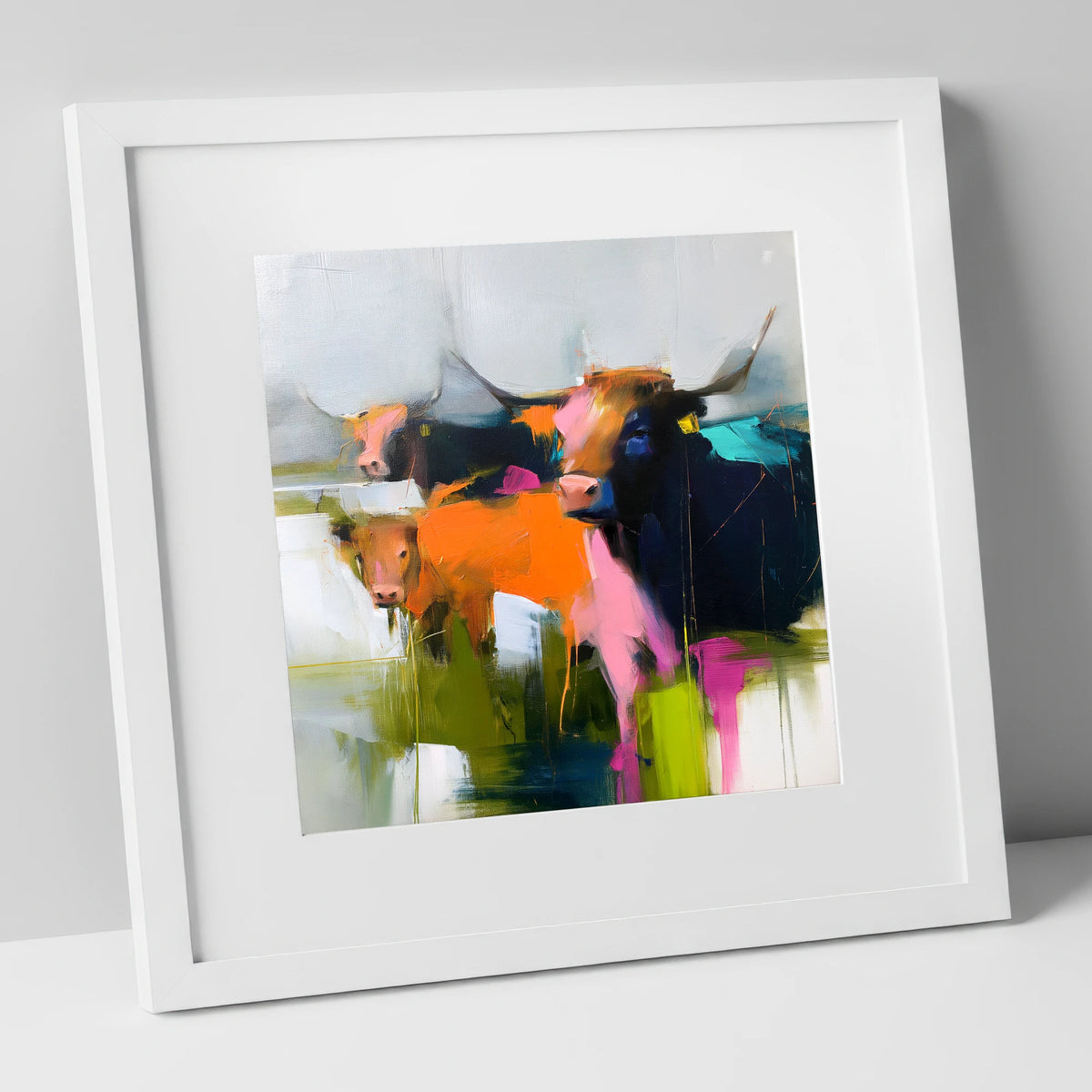 Abstract Highland Cattle Grazing lake district wildlife art print in white frame