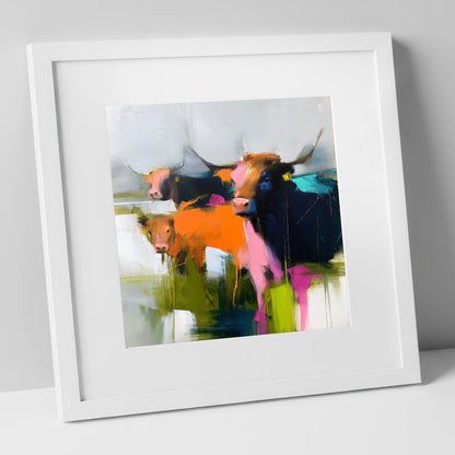 Abstract Highland Cattle Grazing lake district wildlife art print in white frame
