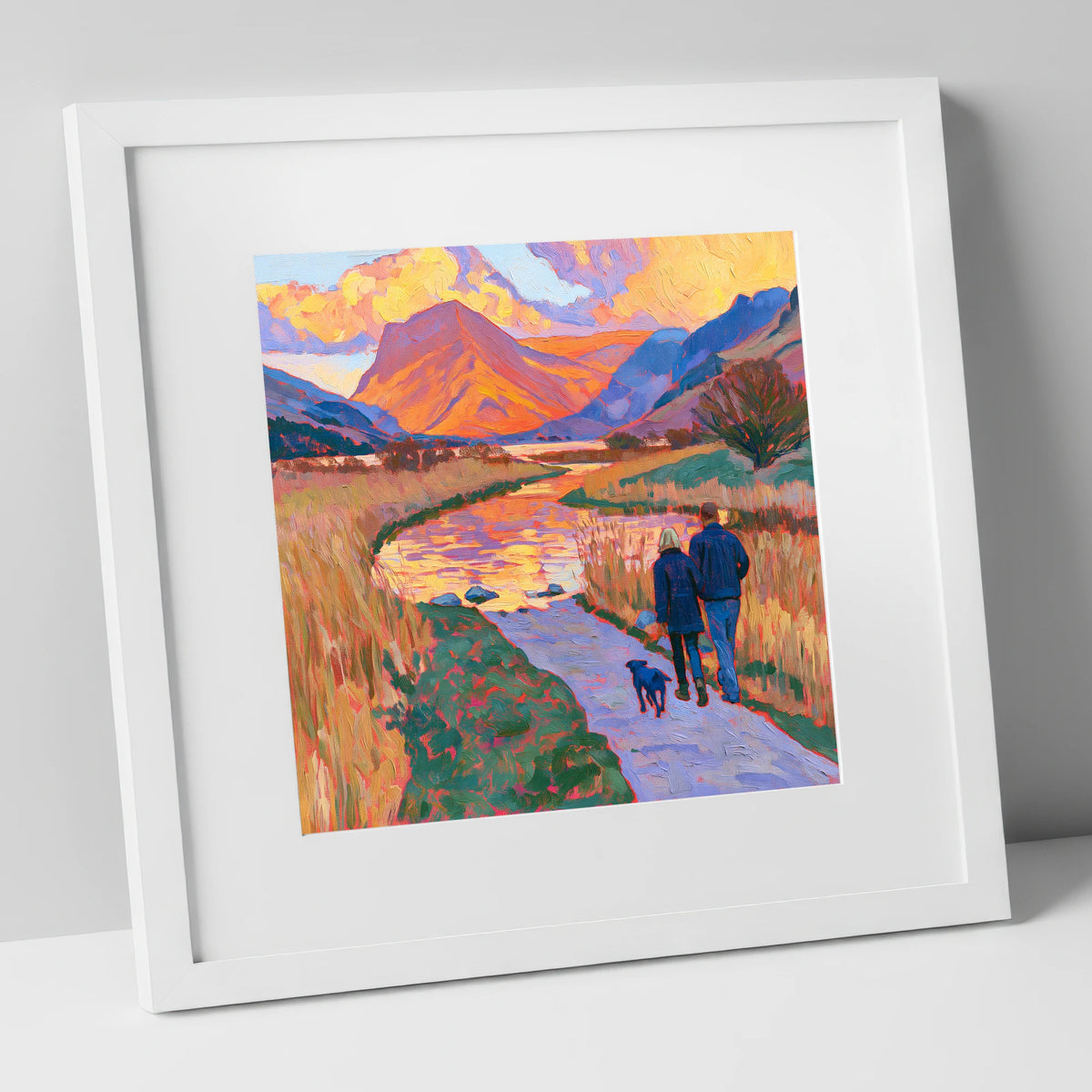 Sunset Dog Walk at Buttermere gifts for dog walkers art print in white frame