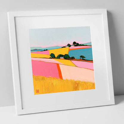 Vibrant Dale Patchwork Fields lake district valley art print in white frame