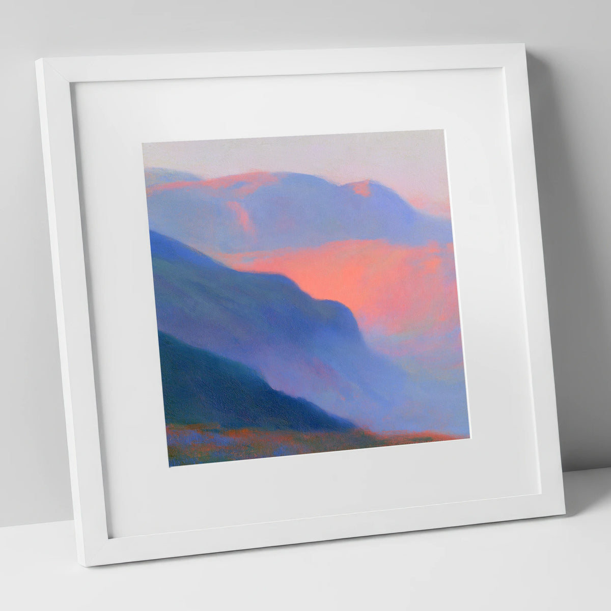 Fell Summit in Pink Twilight lake district fell art print in white frame