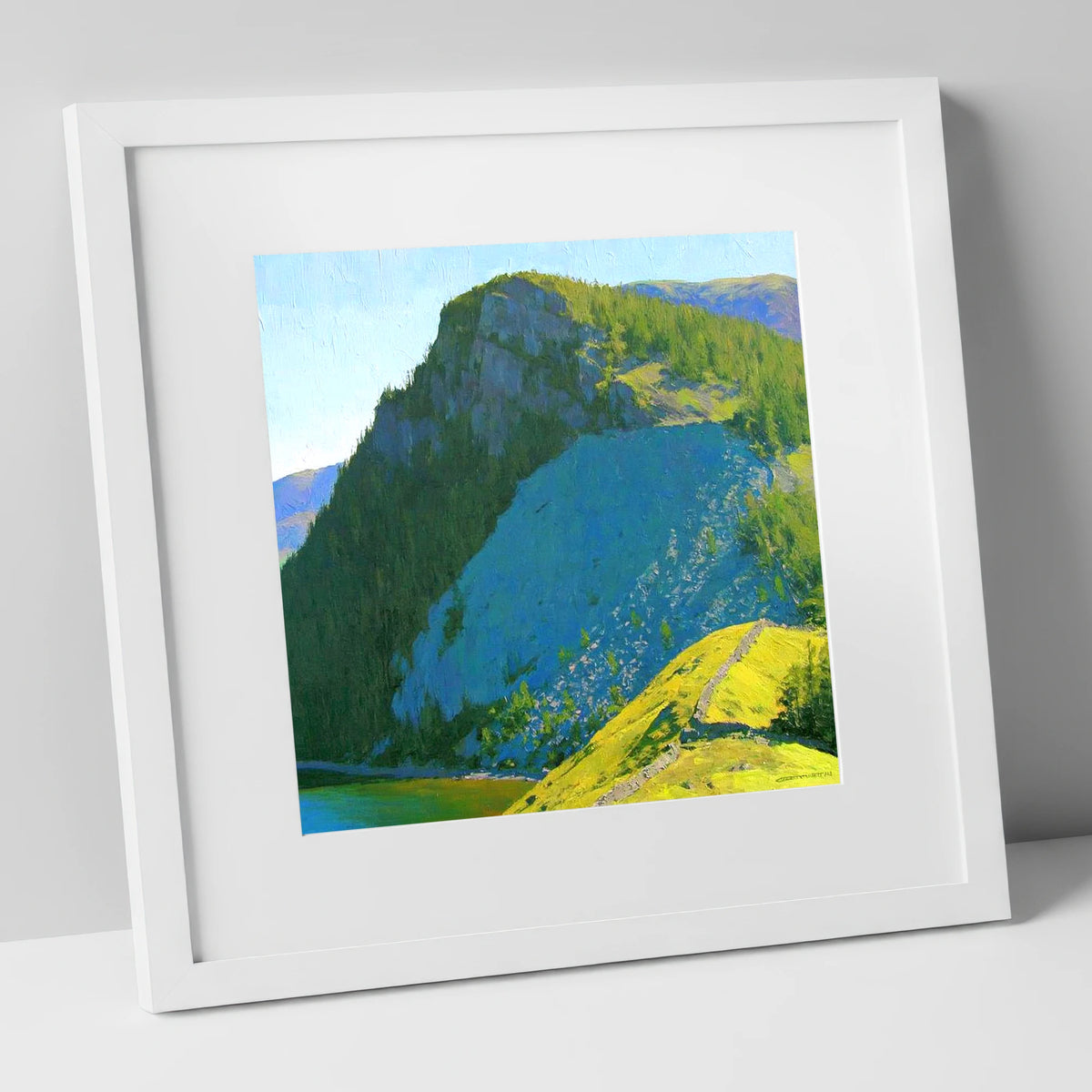 Castle Crag in Vibrant Sunlight lake district fell art print in white frame