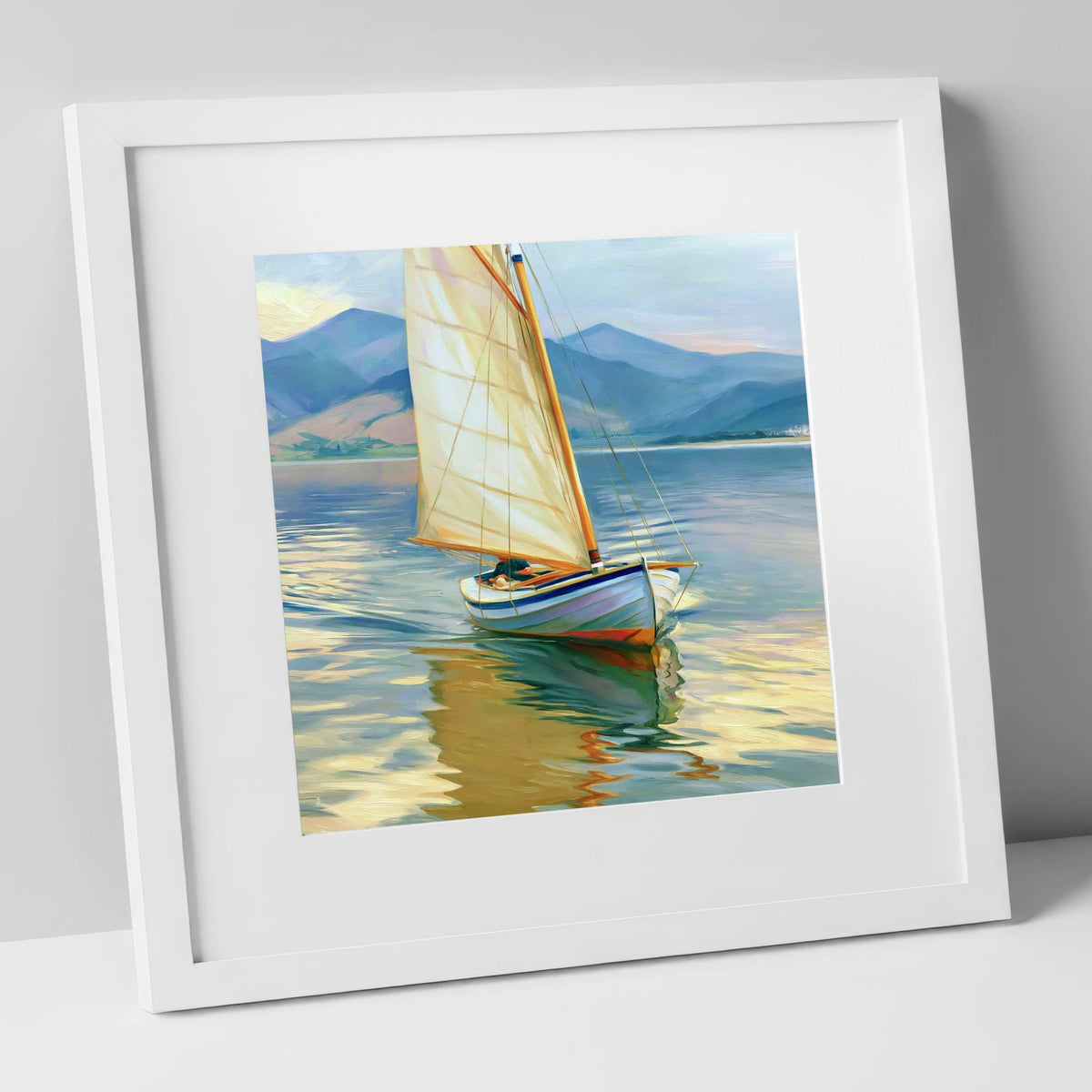 Sailing Boat on Golden Water lake district walking art print in white frame