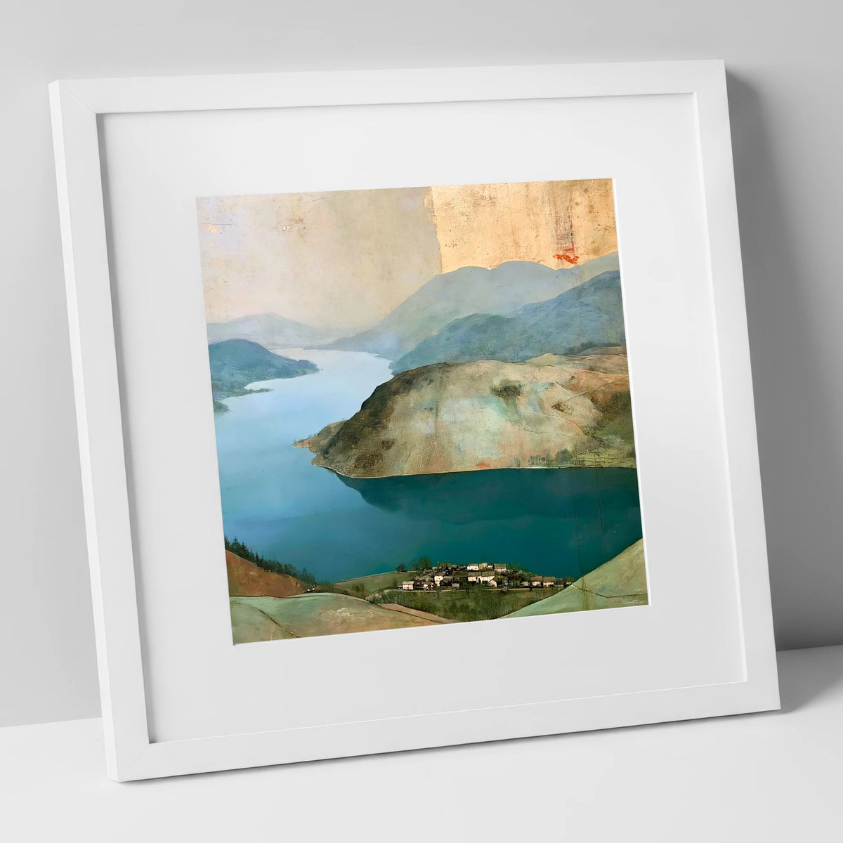 Glenridding Under A Golden Sky lake district village art print in white frame