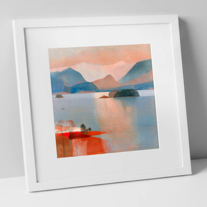 Derwentwater and Catbells Coral Dusk lake district lake art print in white frame