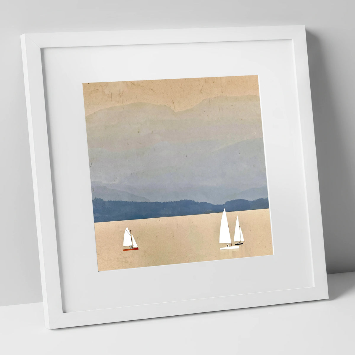White Sails on Misty Windermere lake district lake art print in white frame