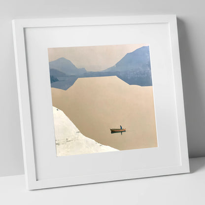 Lone Rower on an Ochre Lake lake district lake art print in white frame